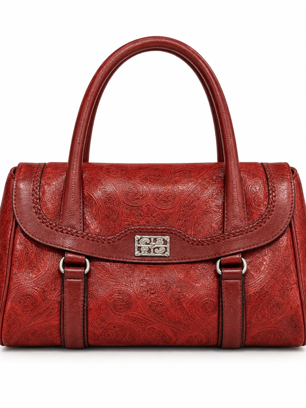 Elegant Red Embossed Leather Satchel with Silver-Tone Hardware